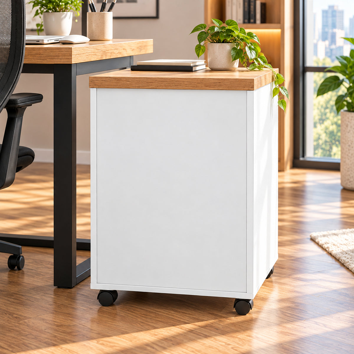 Archivador de oficina castaño y blanco 3 cajones con ruedas 40x60 cm