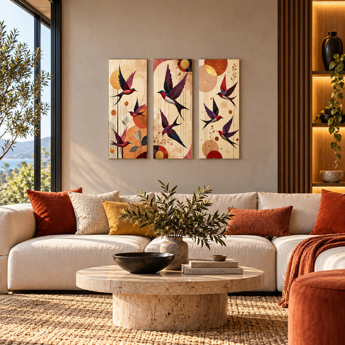 Lienzo Tríptico Cuadros Decorativos Golondrinas Geométricas 34x72cm cu