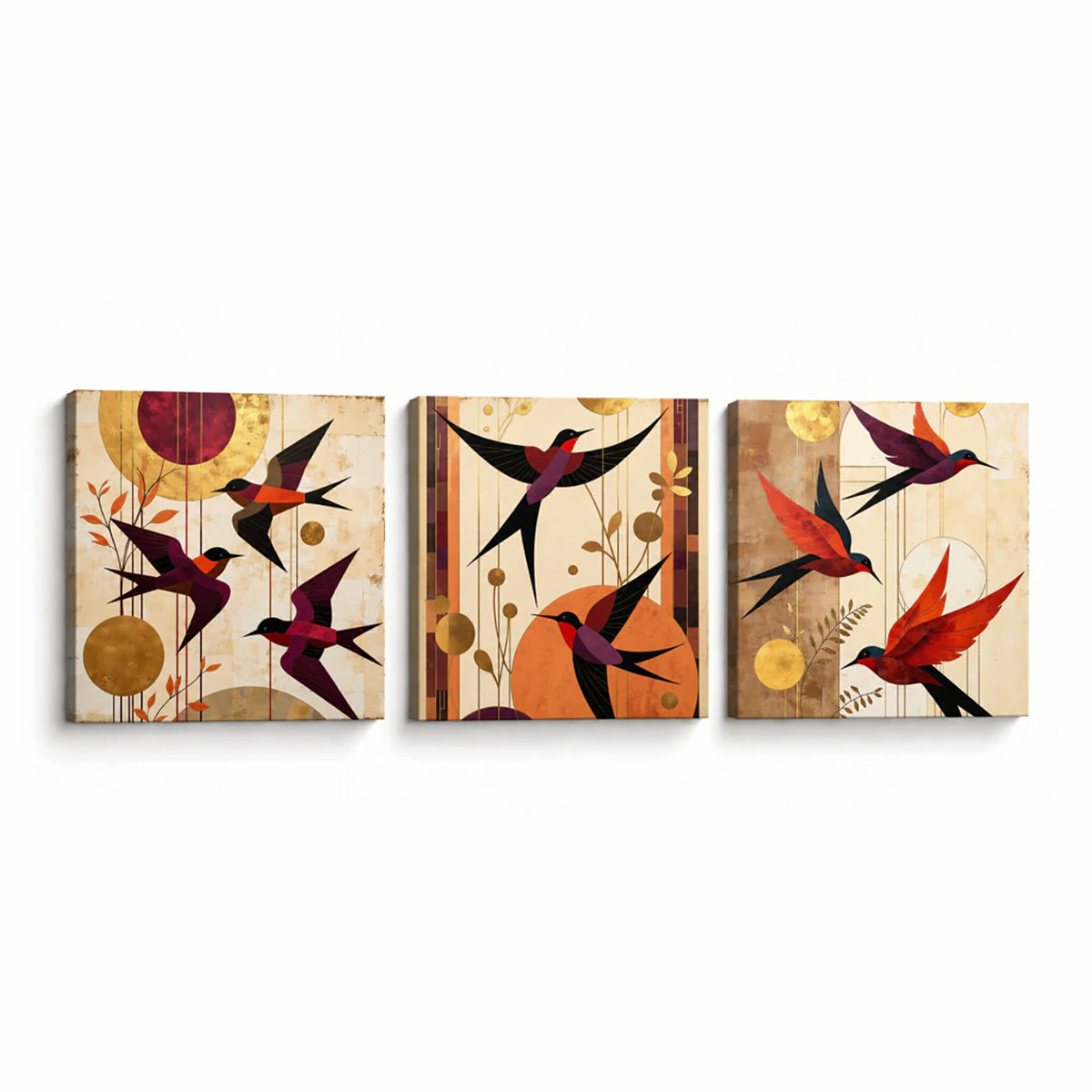 Lienzo Tríptico Cuadros Decorativos Vuelo de Golondrinas Abstractas Tonos Tierra 34x34cm cu