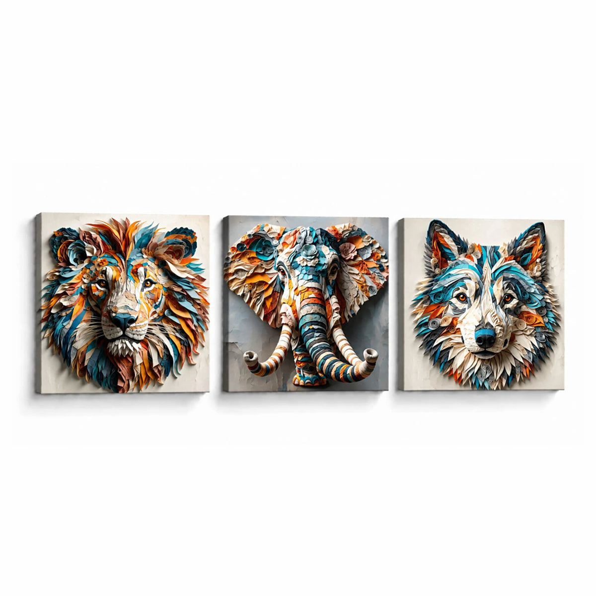 Lienzo Tríptico Cuadros Decorativos Fauna Abstracta Efecto Relieve 34x34cm cu