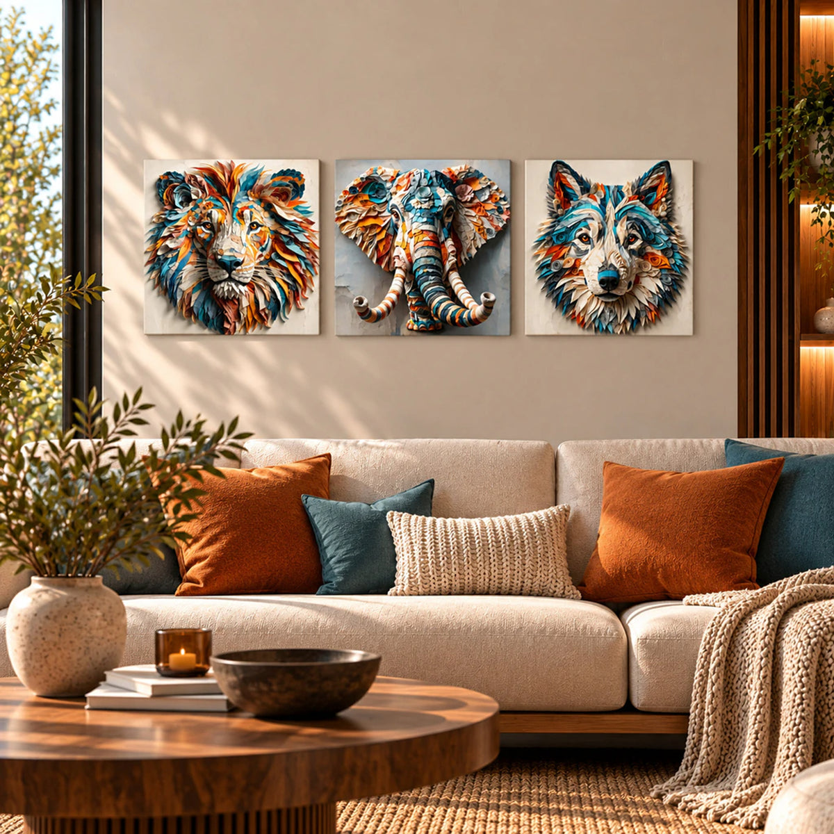 Lienzo Tríptico Cuadros Decorativos Fauna Abstracta Efecto Relieve 34x34cm cu