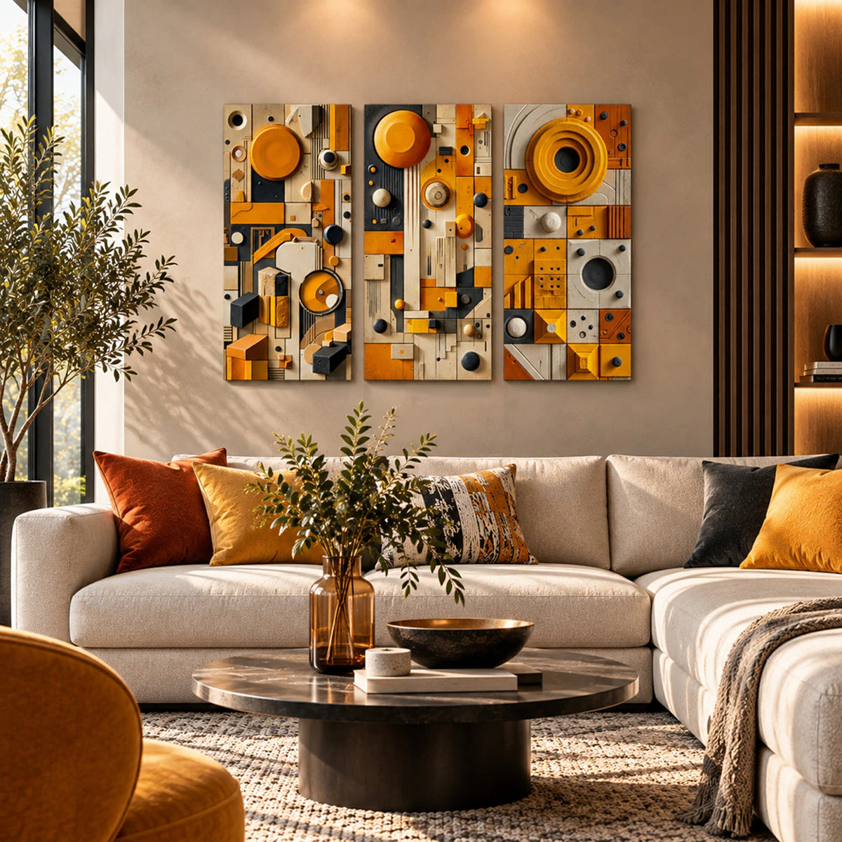 Lienzo Impreso Tríptico Cuadros Geometría Esculpida Efecto Relieve 34x72 cu