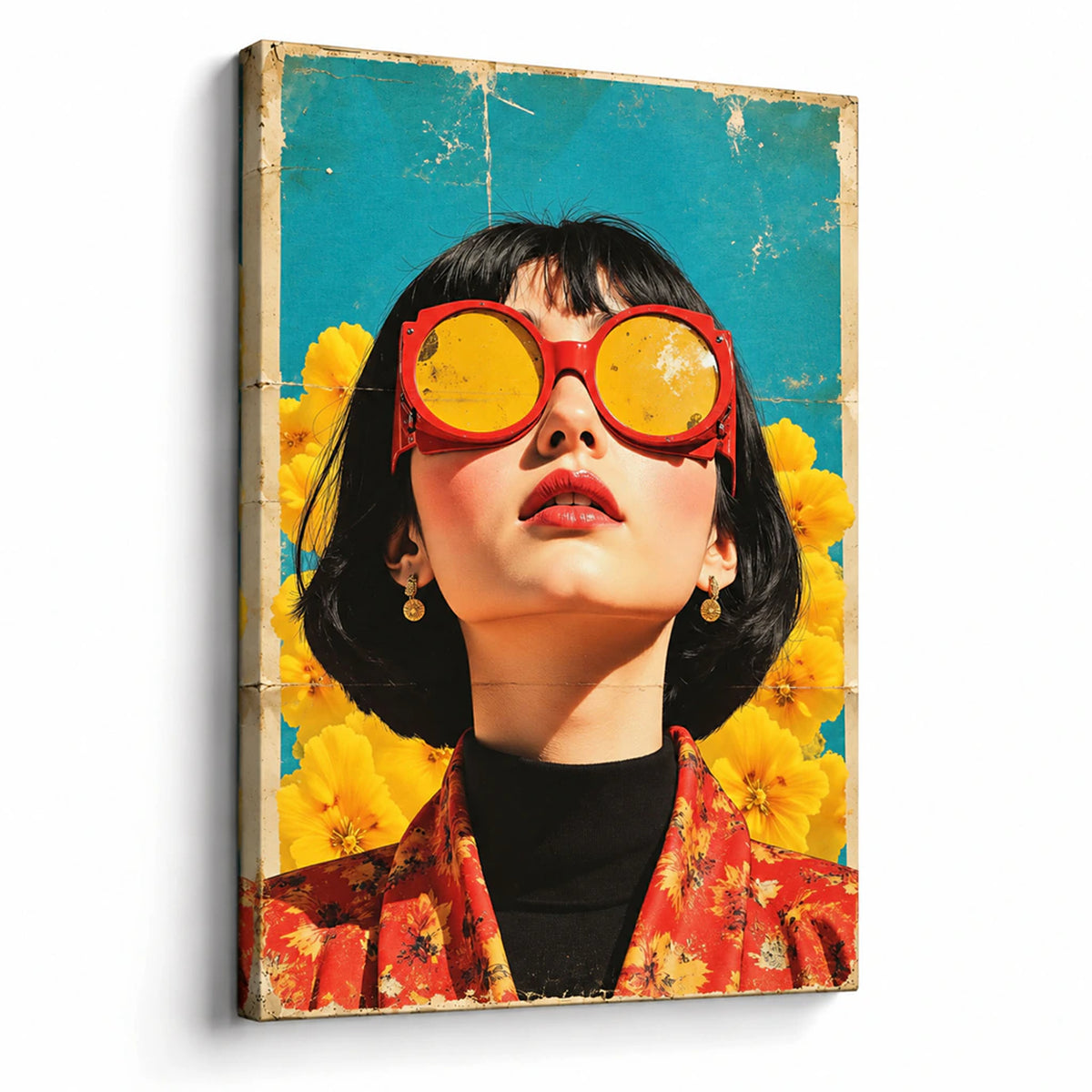Lienzo Cuadro Decorativo Primavera Pop Retrato Mujer Flores Amarillas 60x43cm