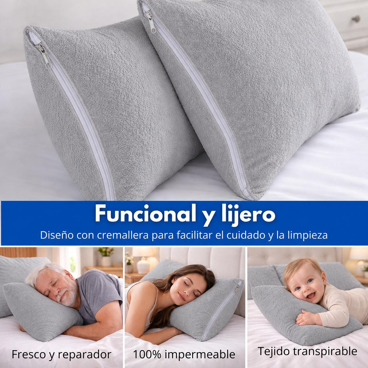 Set x2 protectores de almohada Terry gris impermeables 70x50 cm de algodón