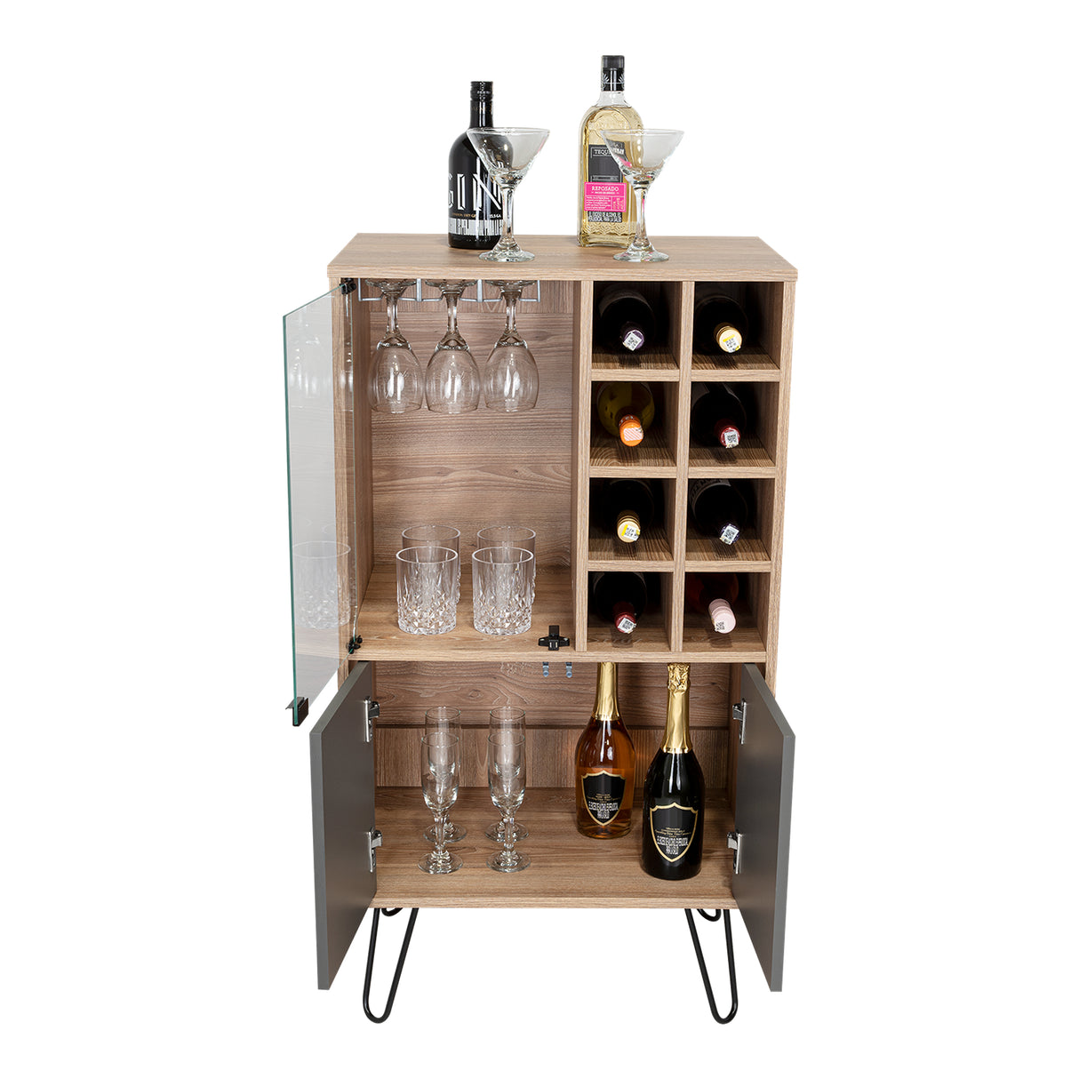 Bar Vassel Miel y Plomo 59.6x109.4cm con Dos Compartimientos con Tres Portacopas y con Ocho Portabotellas - Bares | Bylmo