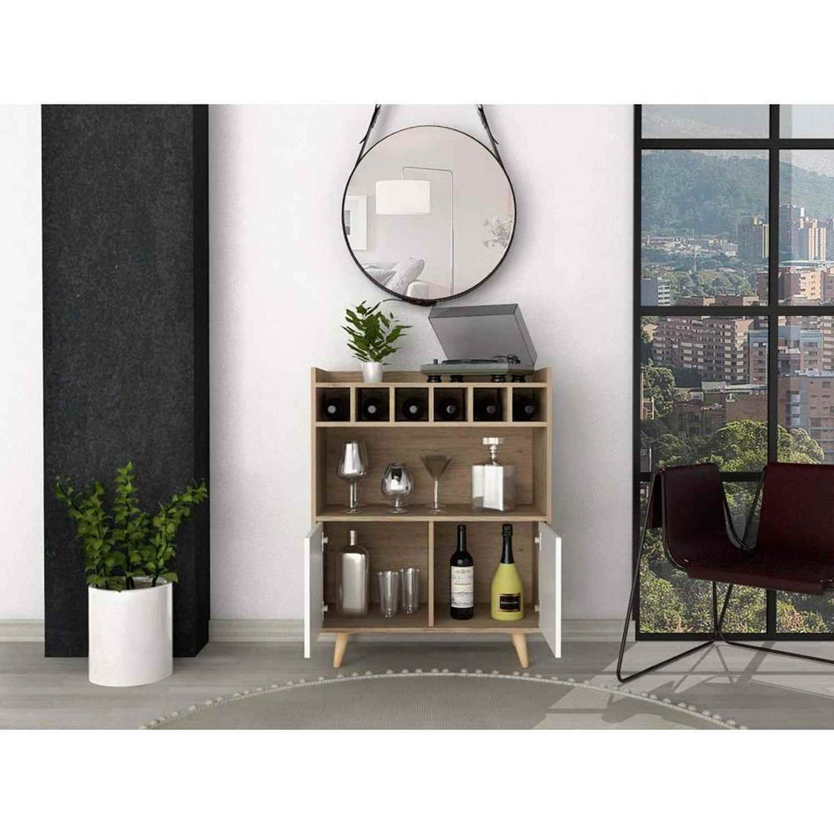 Bar Bora Rovere y Blanco 78.4x100cm con Tres Compartimientos y con Seis Portabotellas - Bares | Bylmo