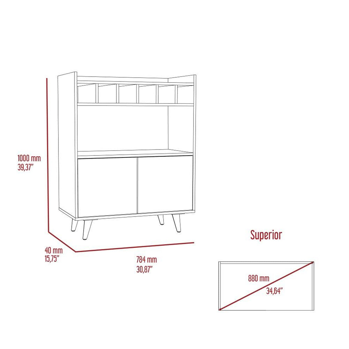 Bar Bora Rovere y Blanco 78.4x100cm con Tres Compartimientos y con Seis Portabotellas - Bares | Bylmo