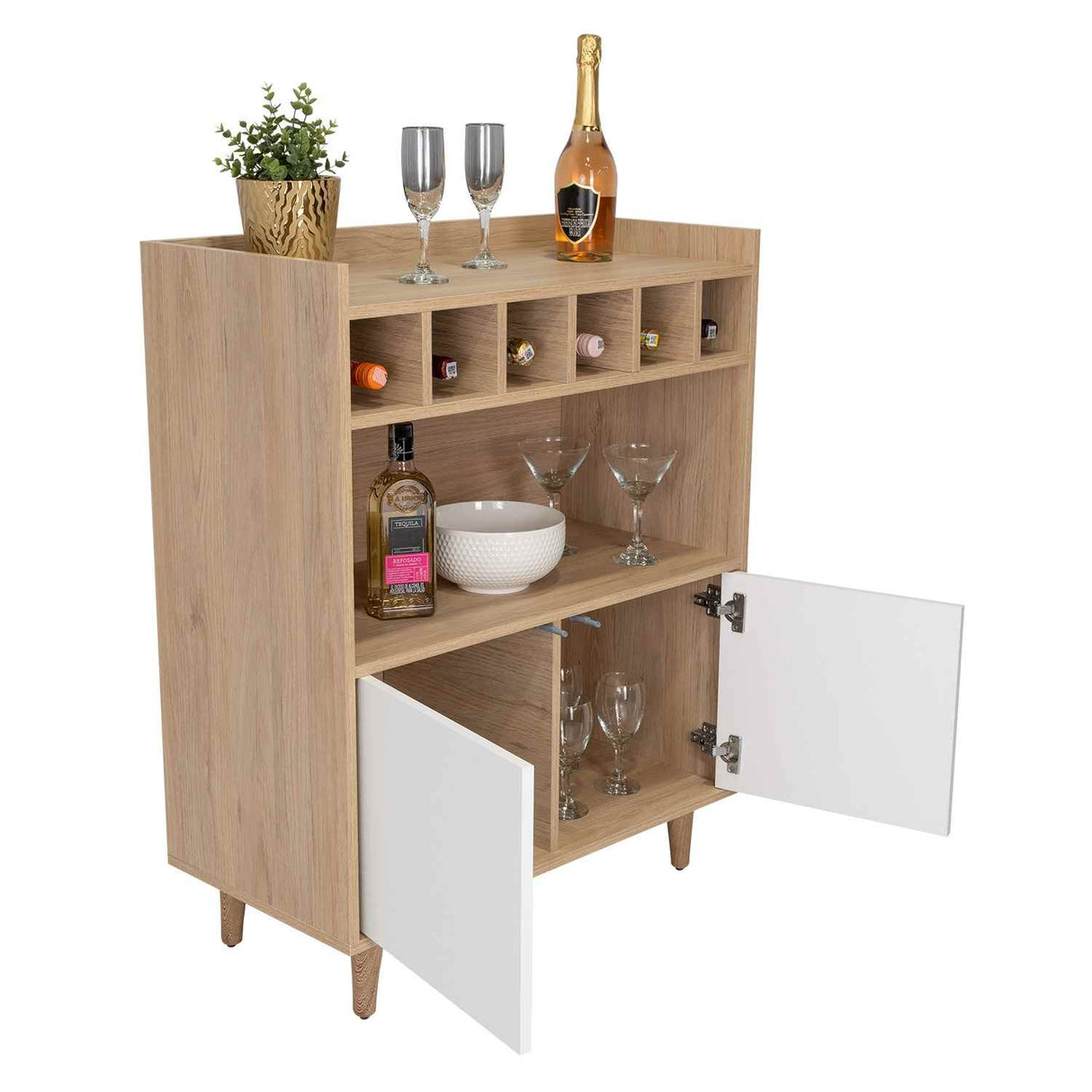 Bar Bora Rovere y Blanco 78.4x100cm con Tres Compartimientos y con Seis Portabotellas - Bares | Bylmo