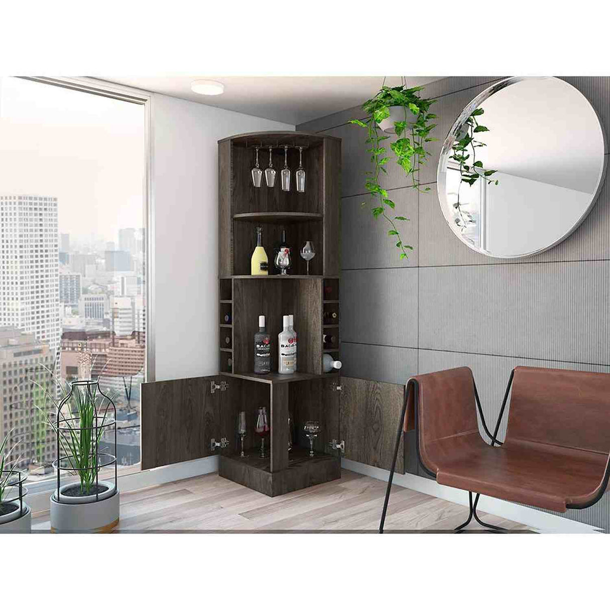 Bar Esquinero Esquinero Syrah Coñac 46.9x180.6cm con Un Cajón y con Ocho Portabotellas - Bares | Bylmo