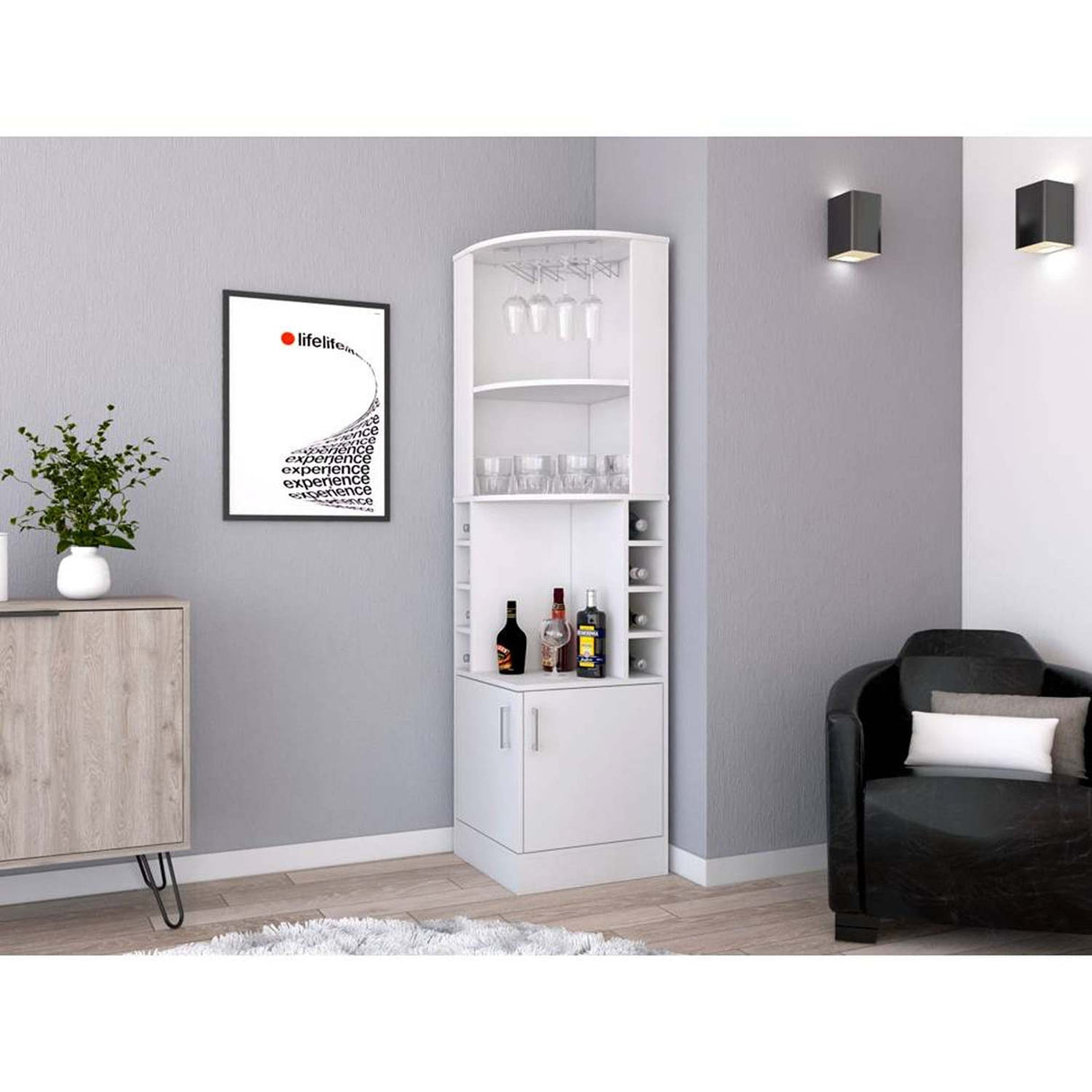 Bar Esquinero Esquinero Syrah Blanco 46.9x180.6cm con Un Cajón y con Ocho Portabotellas - Bares | Bylmo