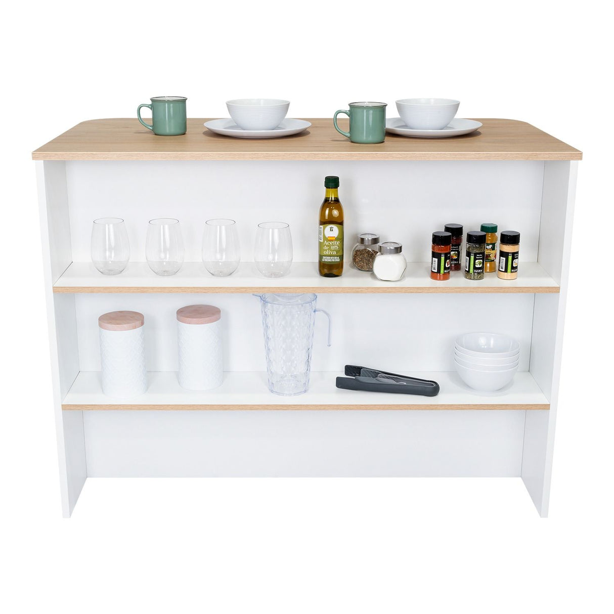 Mueble Auxiliar de Cocina Fendi Rovere y Blanco 120x90cm con Dos Entrepaños y Tres Compartimientos - Barras y Muebles Auxiliares | Bylmo