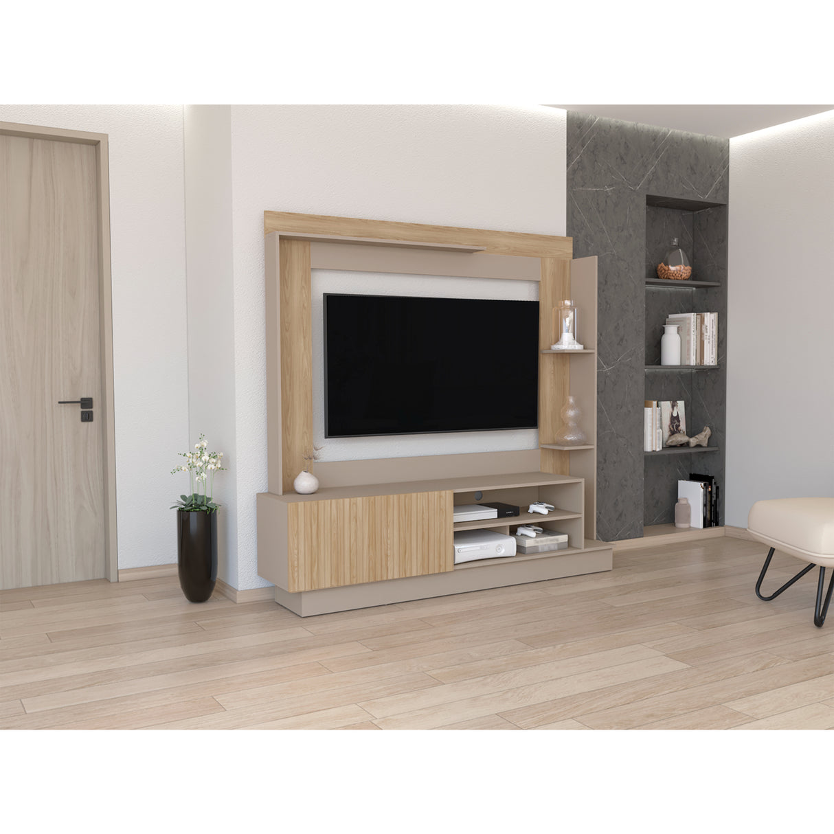 Centro de Entretenimiento Doha Taupe 180x180cm Para TV Hasta 60 Pulgadas con Un Cajón y con Ranuras para Cables - Muebles de TV | Bylmo