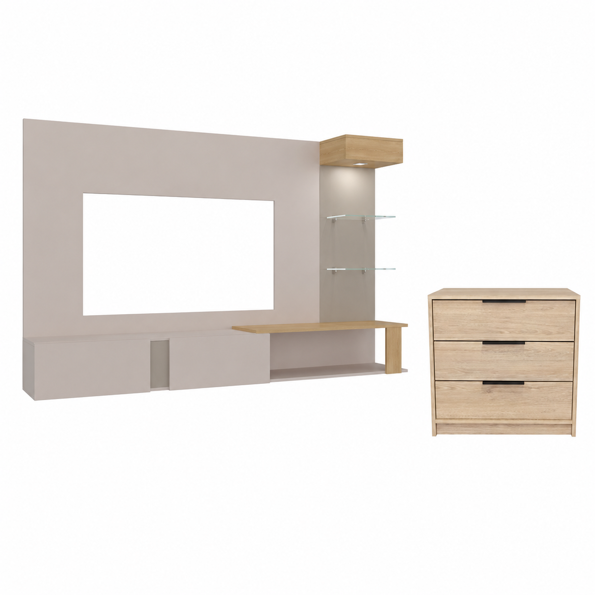 Combo Panel de TV Isolde Capri y Fresno y Cómoda Kaia Rovere y Blanco
