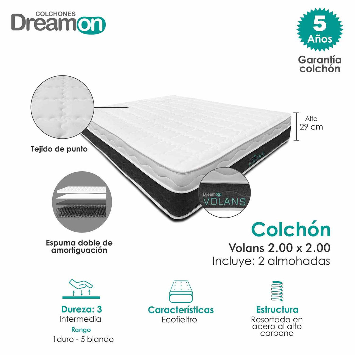 Combo Colchón Volans Blanco King 200 X 200 Cm Medio e Hipoalergénico