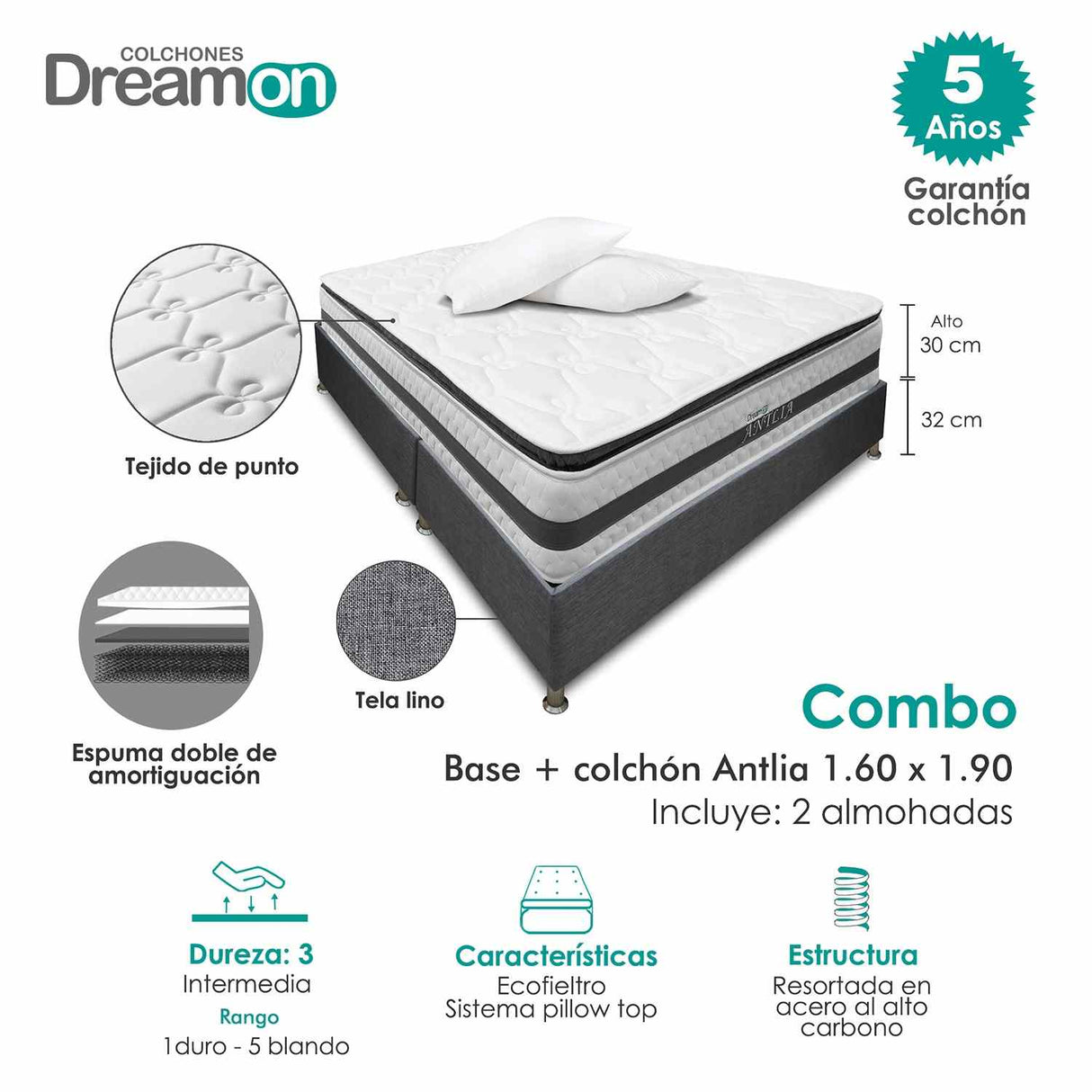 Combo Base Cama y Colchón DreamOn Antlia Gris Queen 160 cm Rectangular con Dos Almohadas