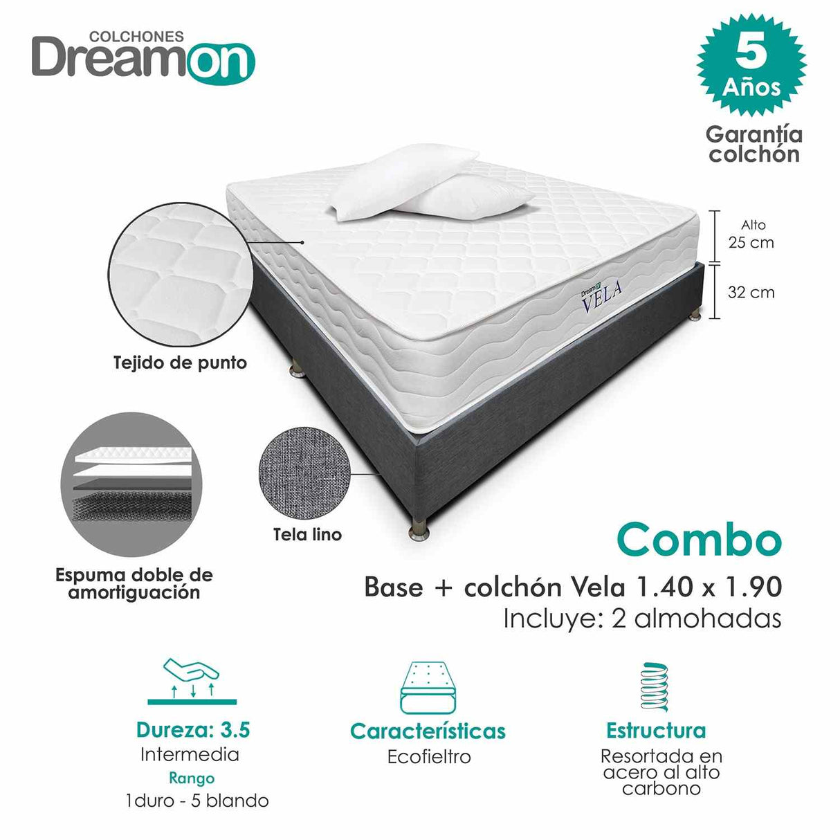 Combo Base Cama y Colchón DreamOn Vela Gris Doble 140 cm Rectangular con Dos Almohadas