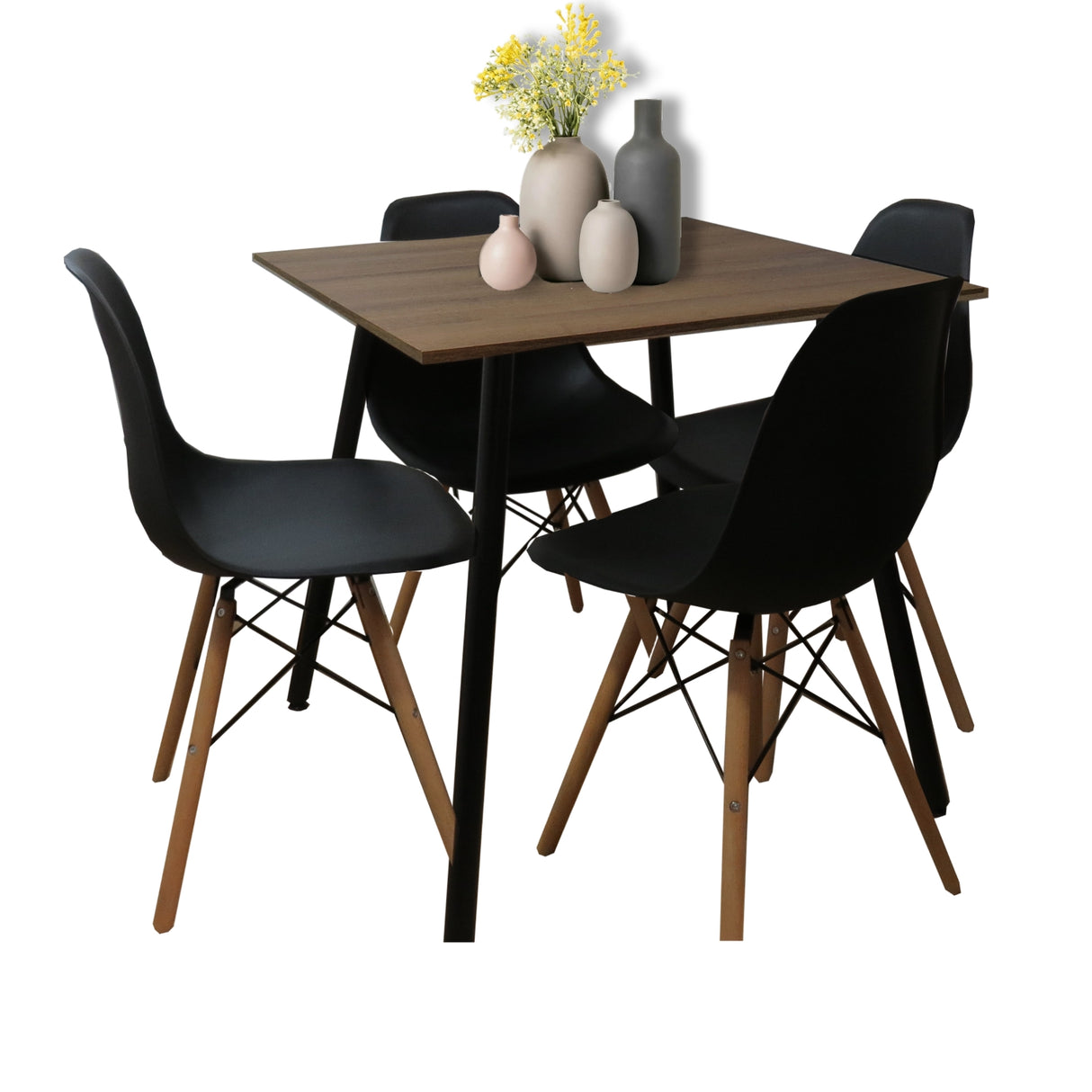 Comedor Amaretto y Negro 90x75cm Cuadrado de Cuatro Puestos y con Cuatro Sillas - Comedores | Bylmo