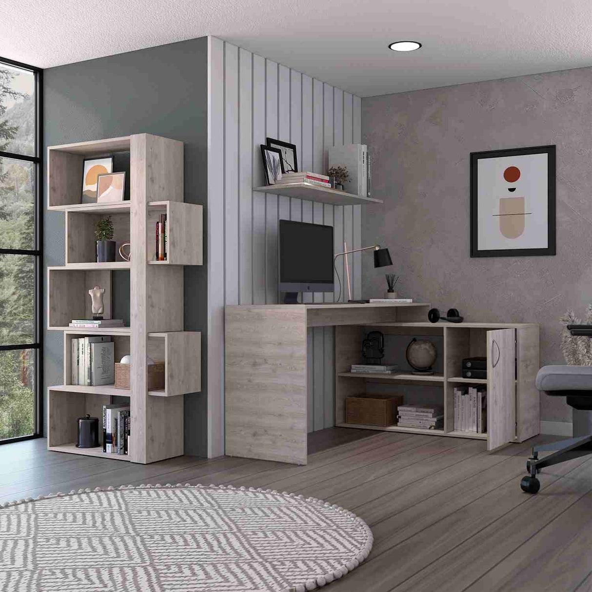 Combo Escritorio y Biblioteca Cambridge Ceniza 152x162cm sin Cajones y con Organizador de Libros - Combos Oficina | Bylmo