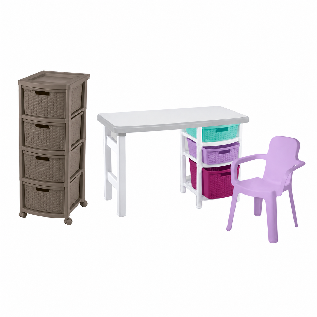 Combo Cajonera Rimax Rattan Moca y Escritorio Silla Infantil Rimax Lavanda