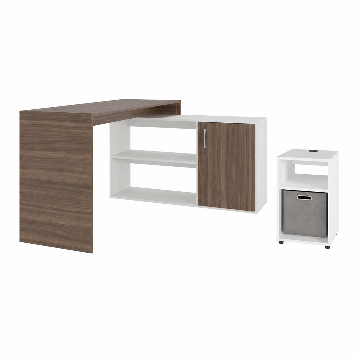 Combo Escritorio en L Axis Avellana y Mesa Auxiliar Mercer Blanco