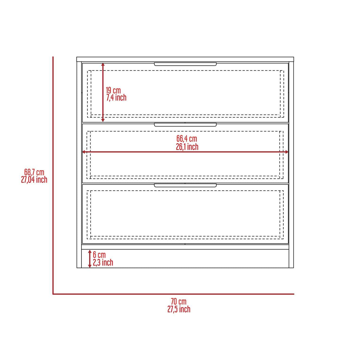 Cómoda Kaia Ceniza 70x69cm De Tres Hileras con Tres Cajones