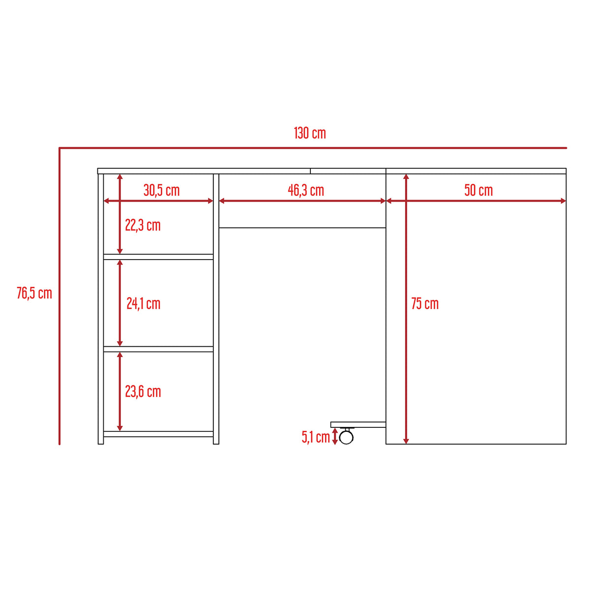 Escritorio en L Baggio Bardolino 130x76.5cm sin Cajones y con Organizador de Libros - Escritorios y Archivadores | Bylmo