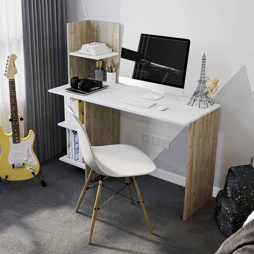 Escritorio Wex Duna y Blanco 120x120cm sin Cajones y con Organizador de Libros