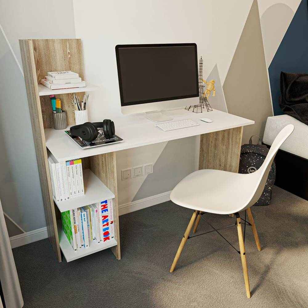 Escritorio Wex Duna y Blanco 120x120cm sin Cajones y con Organizador de Libros