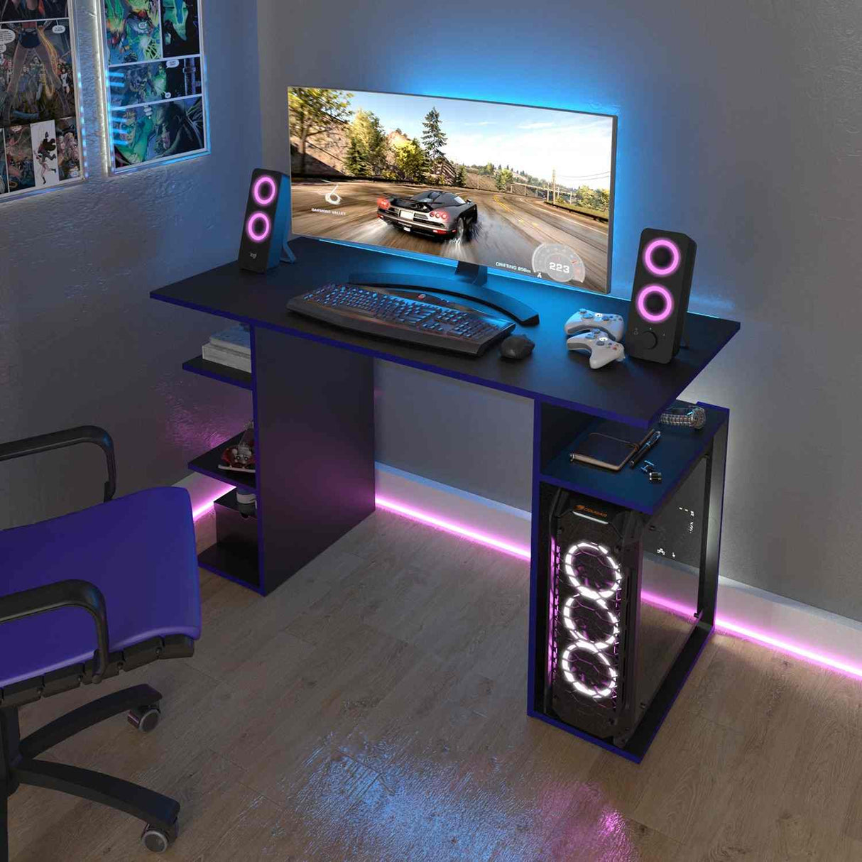 Escritorio Gamer Osaka Negro 120 cm con Bordes Azules y con Entrepaños - Escritorios | Bylmo