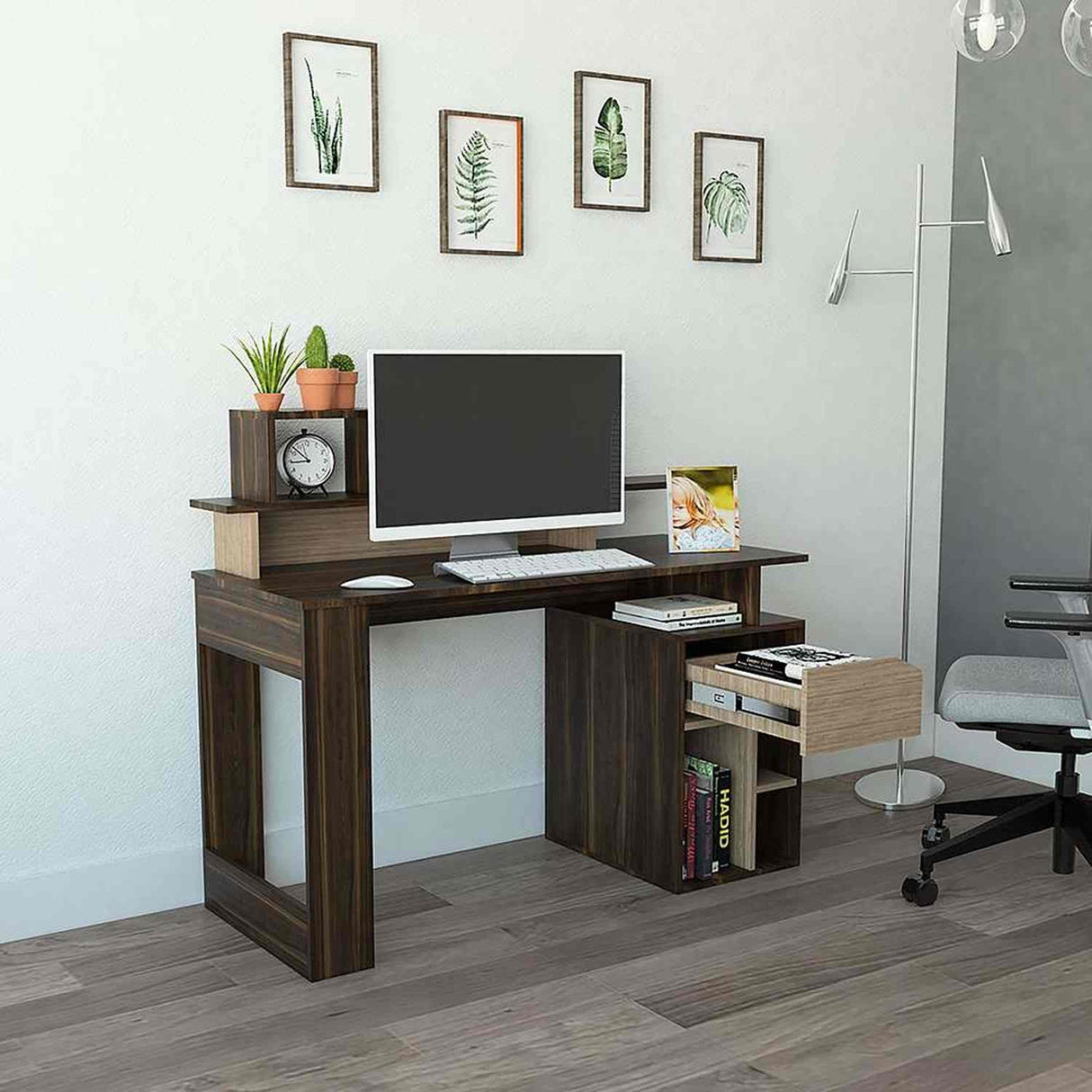 Escritorio Office Habano 120x103.5cm Con Un Cajón y con Organizador de Libros - Escritorios y Archivadores | Bylmo