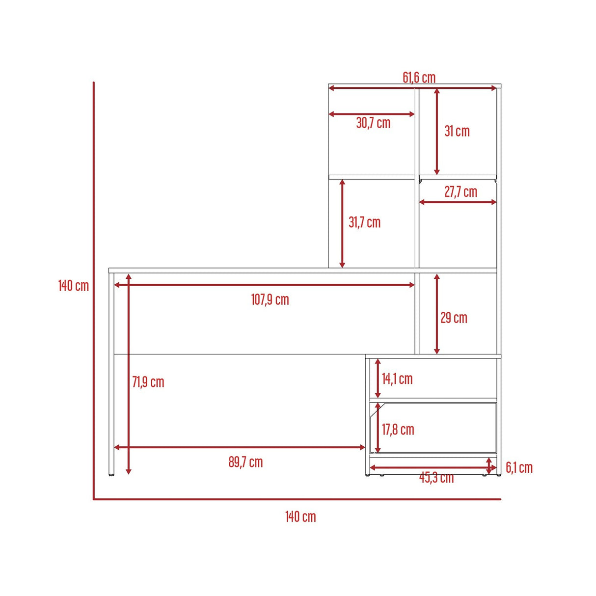 Escritorio con Biblioteca Alito Blanco 140x140cm Con Un Cajón y con Organizador de Libros - Escritorios | Bylmo