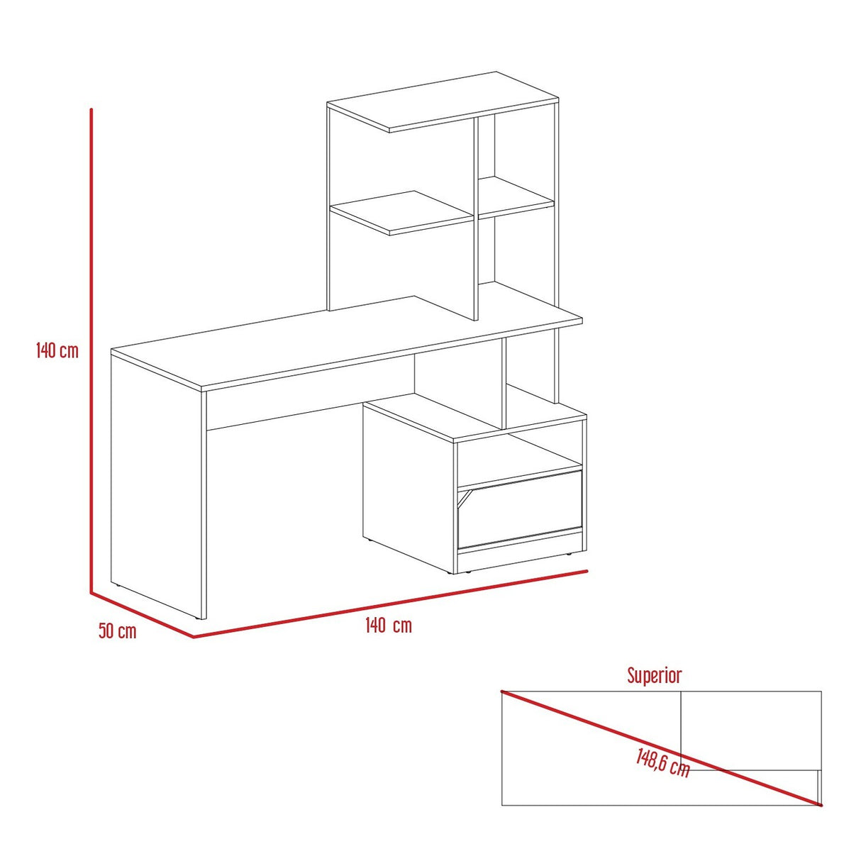 Escritorio con Biblioteca Alito Blanco 140x140cm Con Un Cajón y con Organizador de Libros - Escritorios | Bylmo