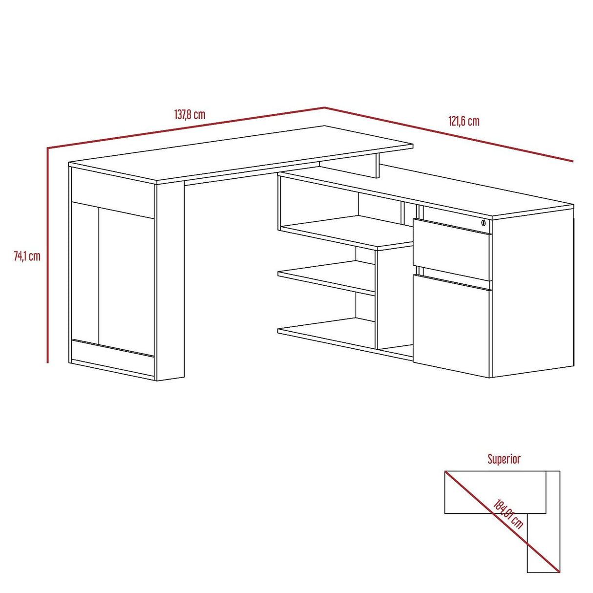 Escritorio en L Alteza Duna 121.5x73.5cm Con Un Cajón y con Organizador de Libros - Escritorios y Archivadores | Bylmo