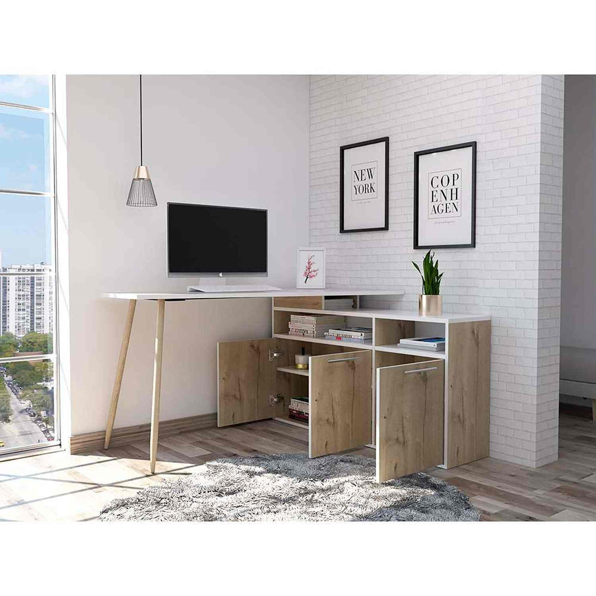 Escritorio en L Singapur Duna y Blanco 130x130cm sin Cajones y con Organizador de Libros - Escritorios | Bylmo