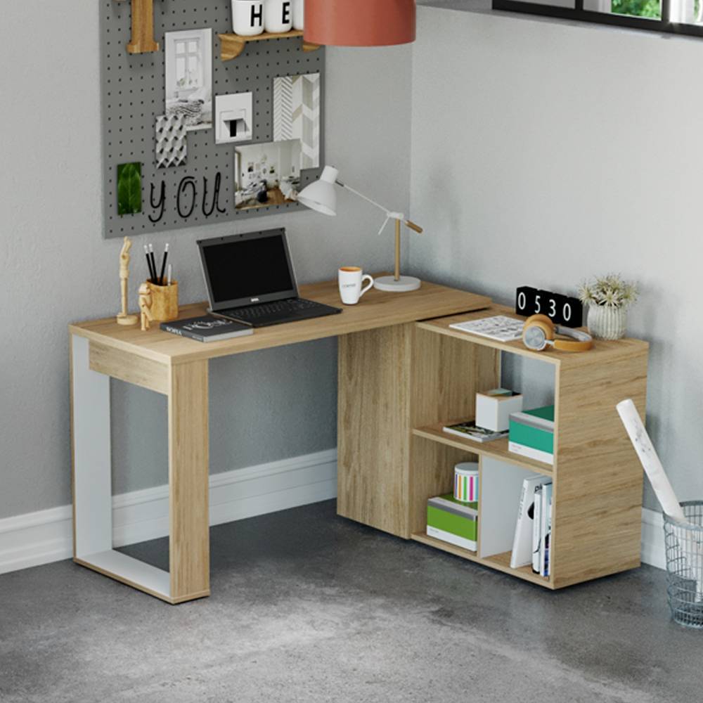 Escritorio en L Quadratta Rovere 126 cm Transformable con Entrepaños - Escritorios y Archivadores | Bylmo