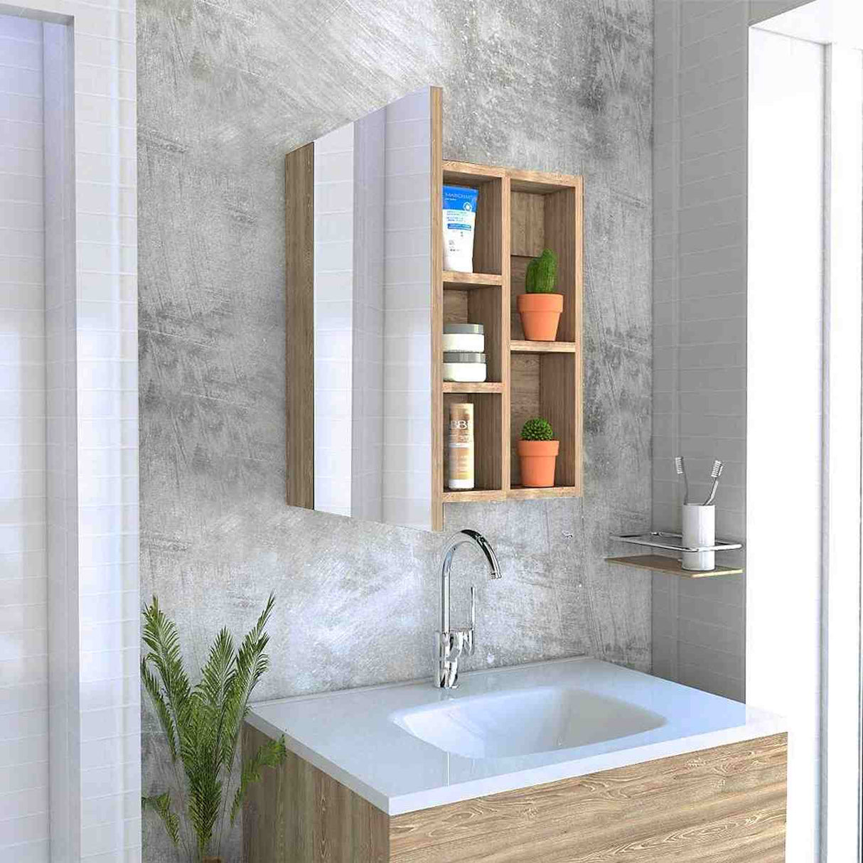 Gabinete de Baño Labelle Miel 45x49.7cm Cuadrado con Espejo y con Tres Entrepaños - Gabinetes | Bylmo