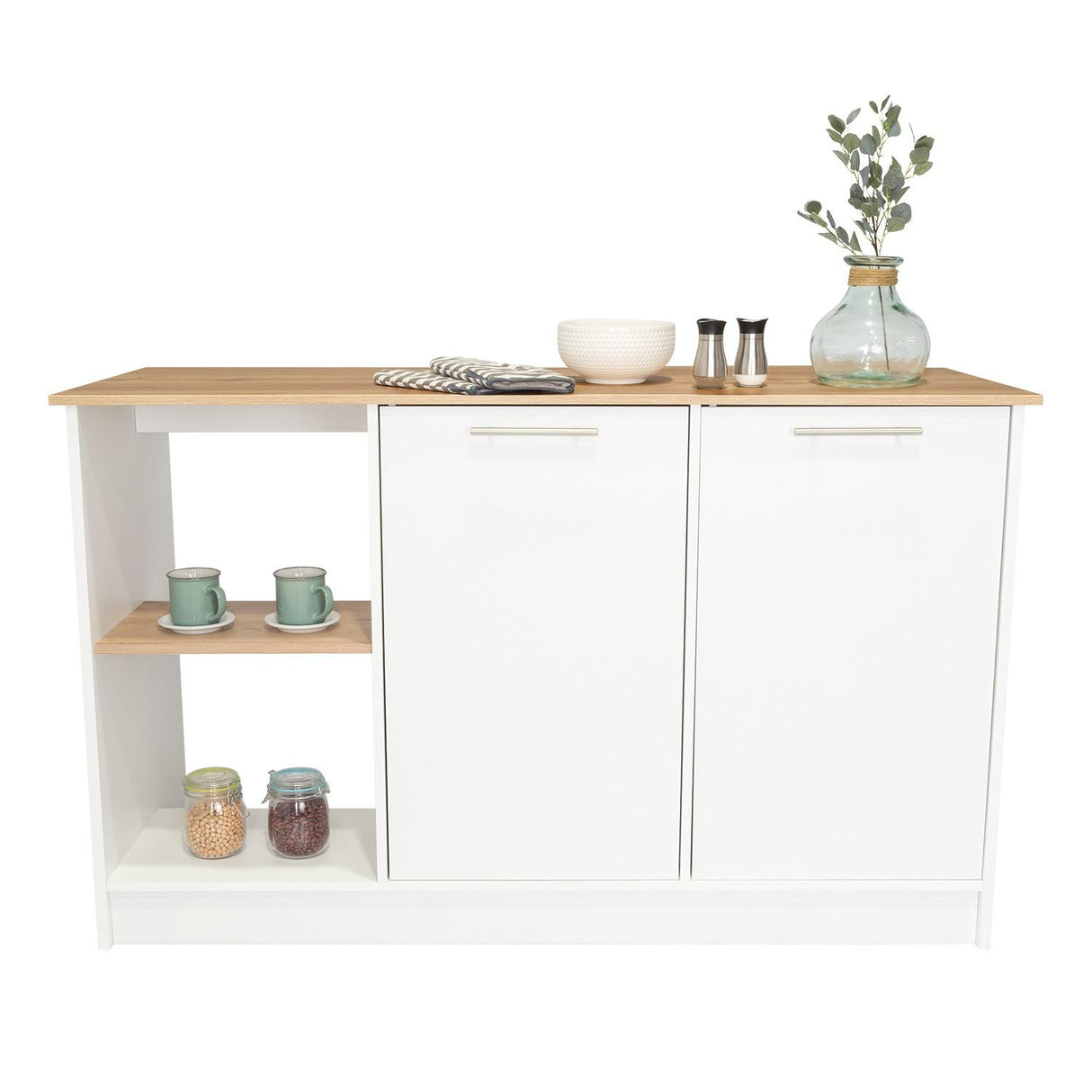 Isla de Cocina Jupiter Blanco y Duna 150x90cm con Tres Entrepaños y con Seis Comportamientos - Cocinas | Bylmo