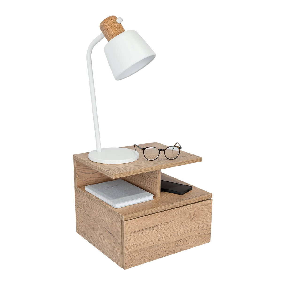 Mesa de Noche Flotante Macadamia 36x30cm con Un Cajón y con Dos Compartimientos - Mesas de Noche | Bylmo