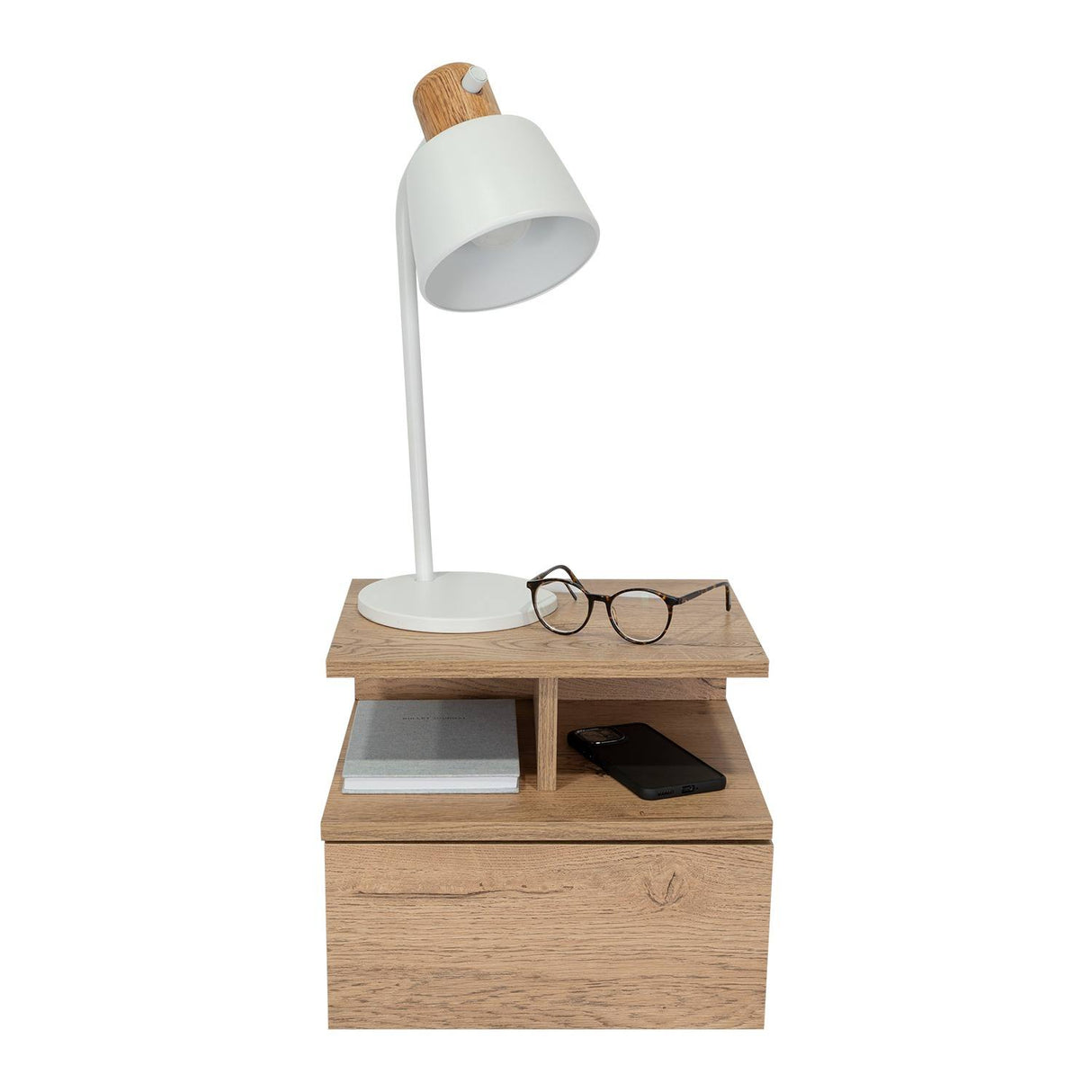 Mesa de Noche Flotante Macadamia 36x30cm con Un Cajón y con Dos Compartimientos - Mesas de Noche | Bylmo