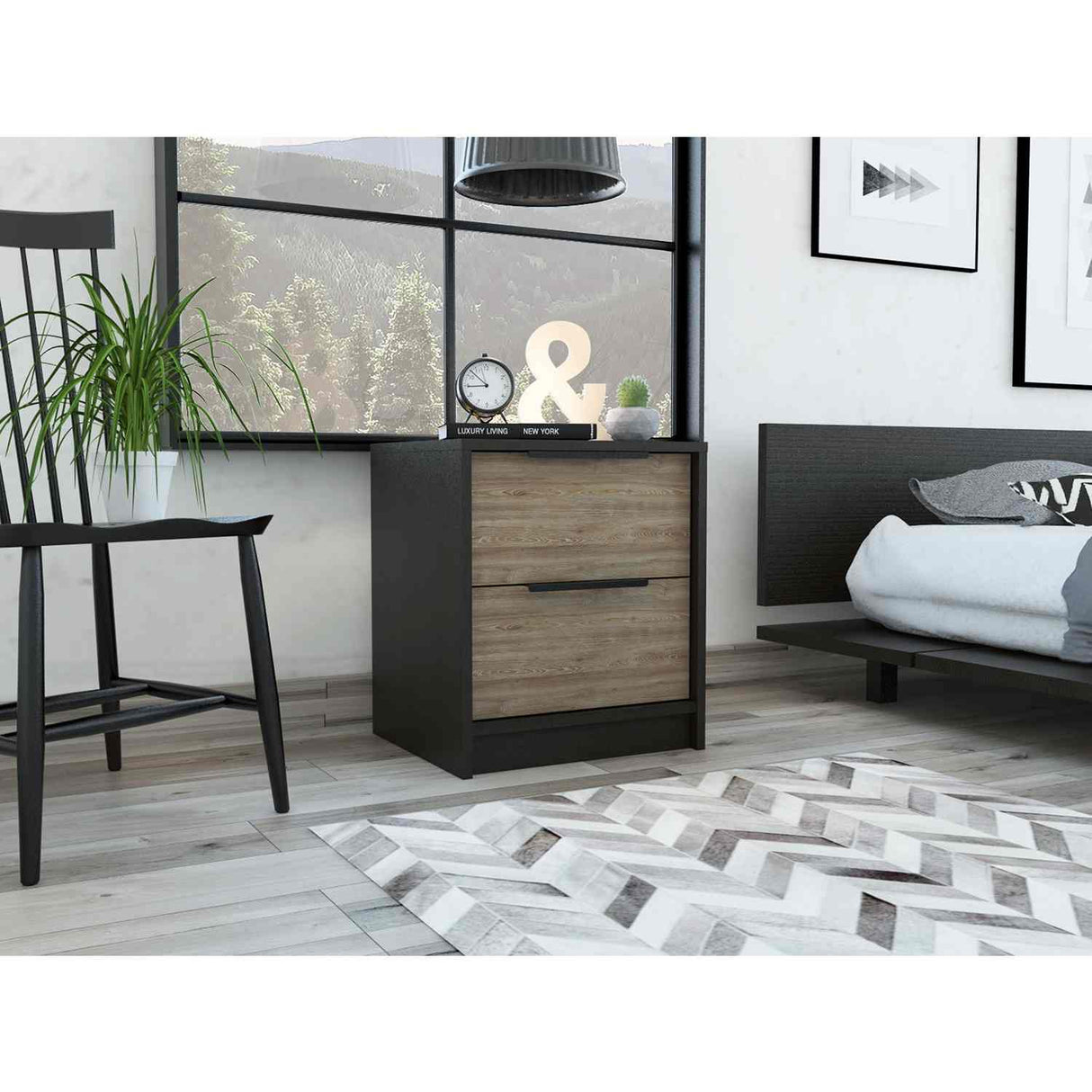 Mesa de Noche Kaia Wengue y Miel 48x41cm con Dos Cajones - Mesas de Noche | Bylmo