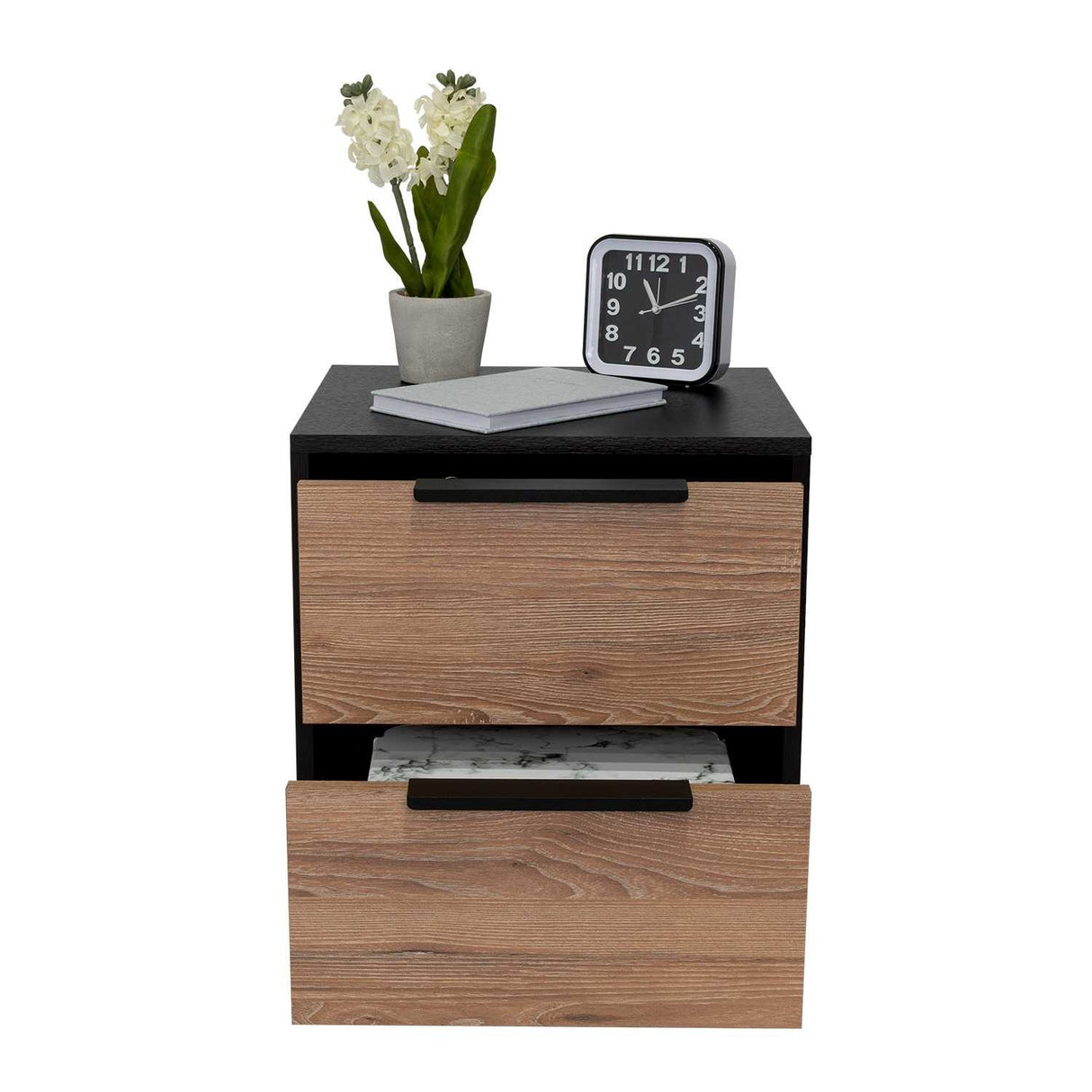 Mesa de Noche Kaia Wengue y Miel 48x41cm con Dos Cajones - Mesas de Noche | Bylmo