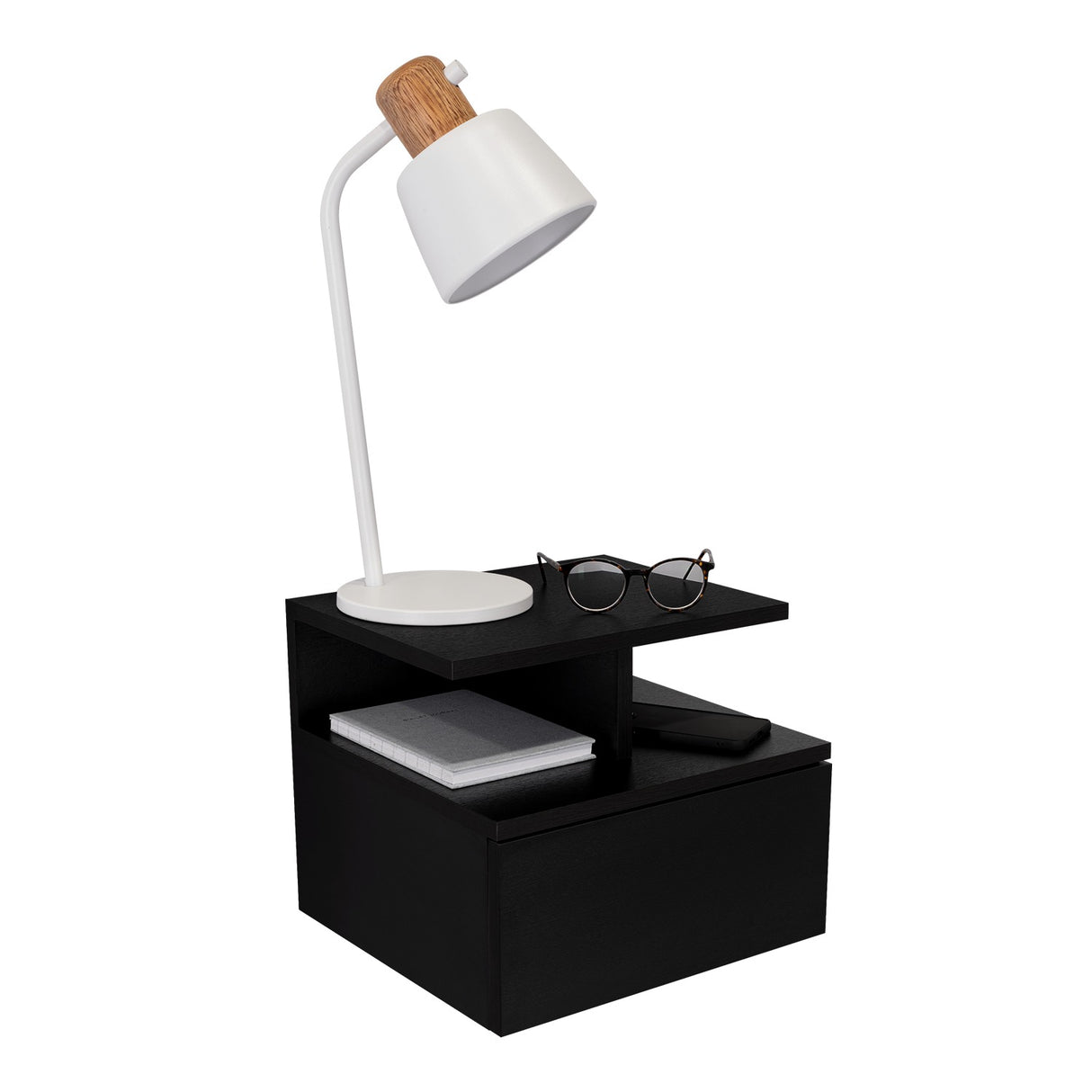 Mesa de Noche Flotante Wengue 36x30cm con Un Cajón y con Dos Compartimientos - Mesas de Noche | Bylmo