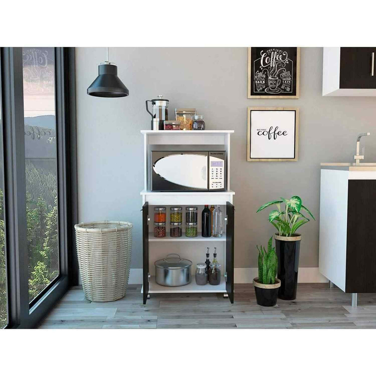 Mueble Microondas Italia Blanco y Wengue 63.1x113.5cm sin Cajones y con Dos Puertas - Muebles Organizadores | Bylmo