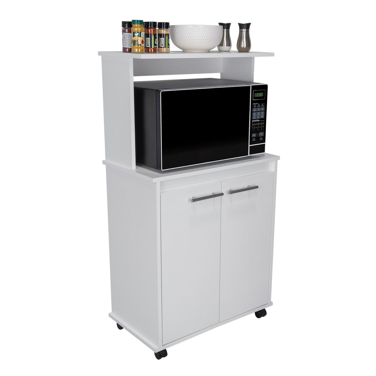 Mueble Microondas Mancheter Blanco 63.1x113.5cm con Dos Puertas y con Rodachines - Muebles Organizadores | Bylmo
