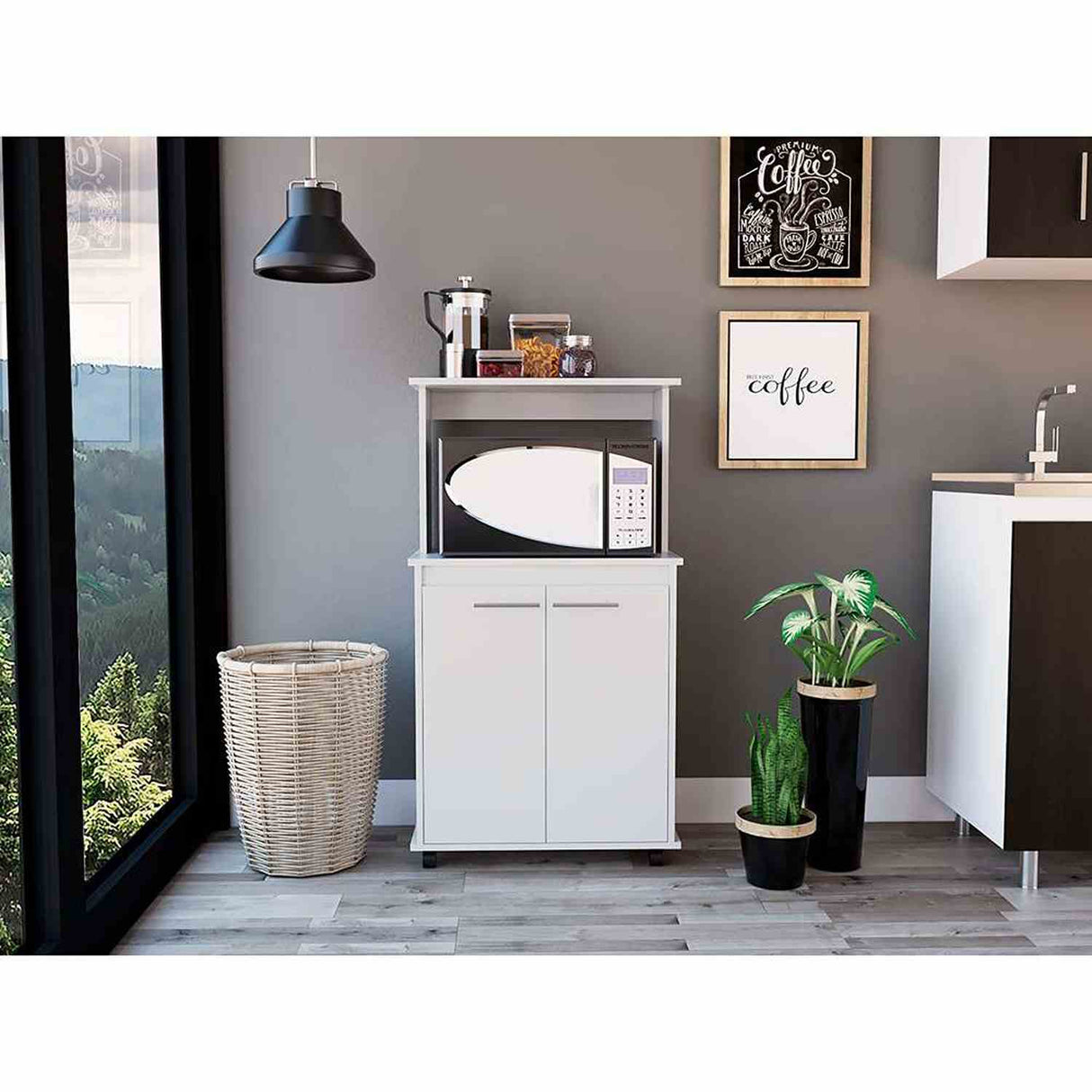 Mueble Microondas Mancheter Blanco 63.1x113.5cm con Dos Puertas y con Rodachines - Muebles Organizadores | Bylmo