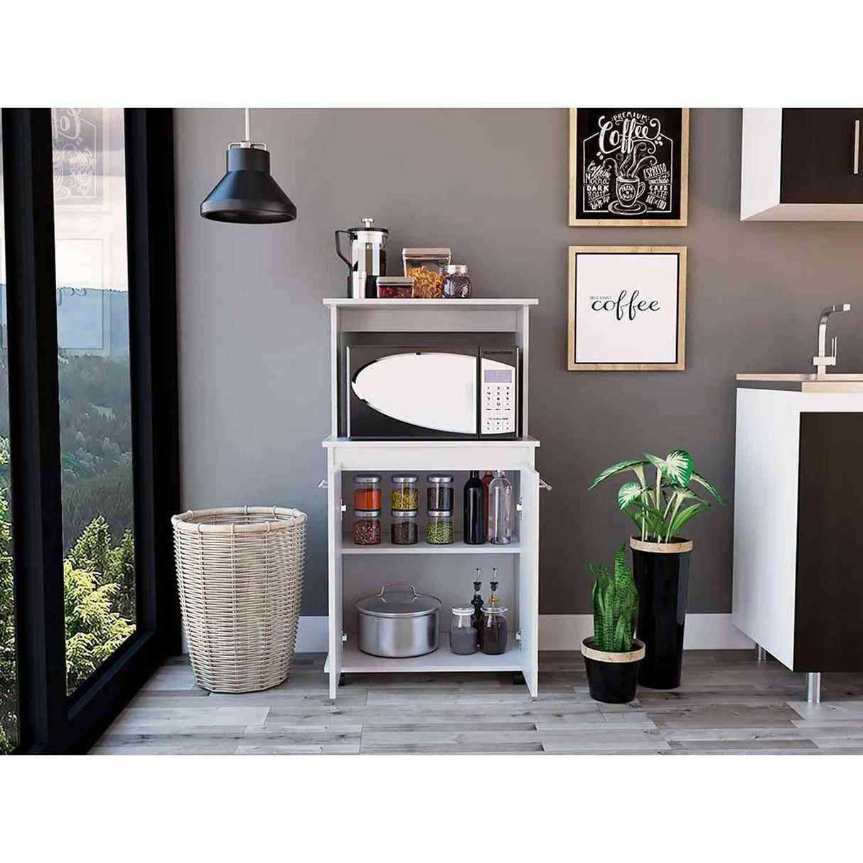 Mueble Microondas Mancheter Blanco 63.1x113.5cm con Dos Puertas y con Rodachines - Muebles Organizadores | Bylmo