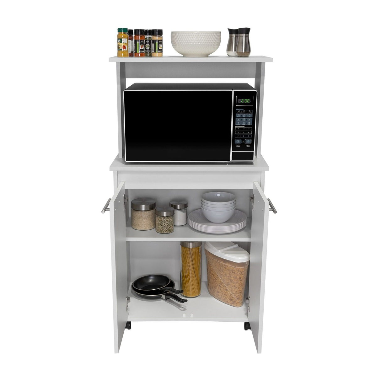 Mueble Microondas Mancheter Blanco 63.1x113.5cm con Dos Puertas y con Rodachines - Muebles Organizadores | Bylmo