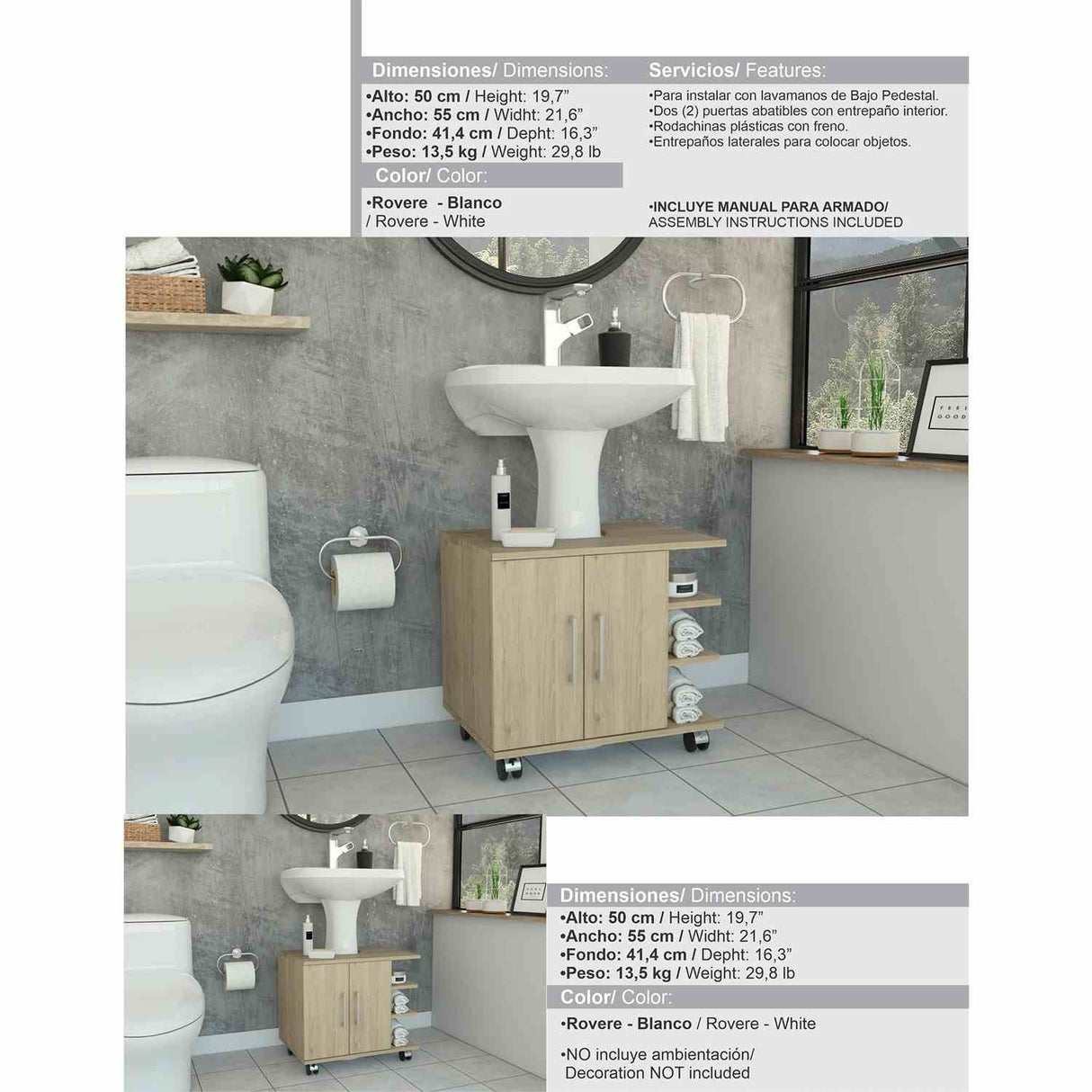 Mueble para Lavamanos Bath Rovere 55x50cm Individual sin Lavamanos con Dos Puertas - Gabinetes | Bylmo