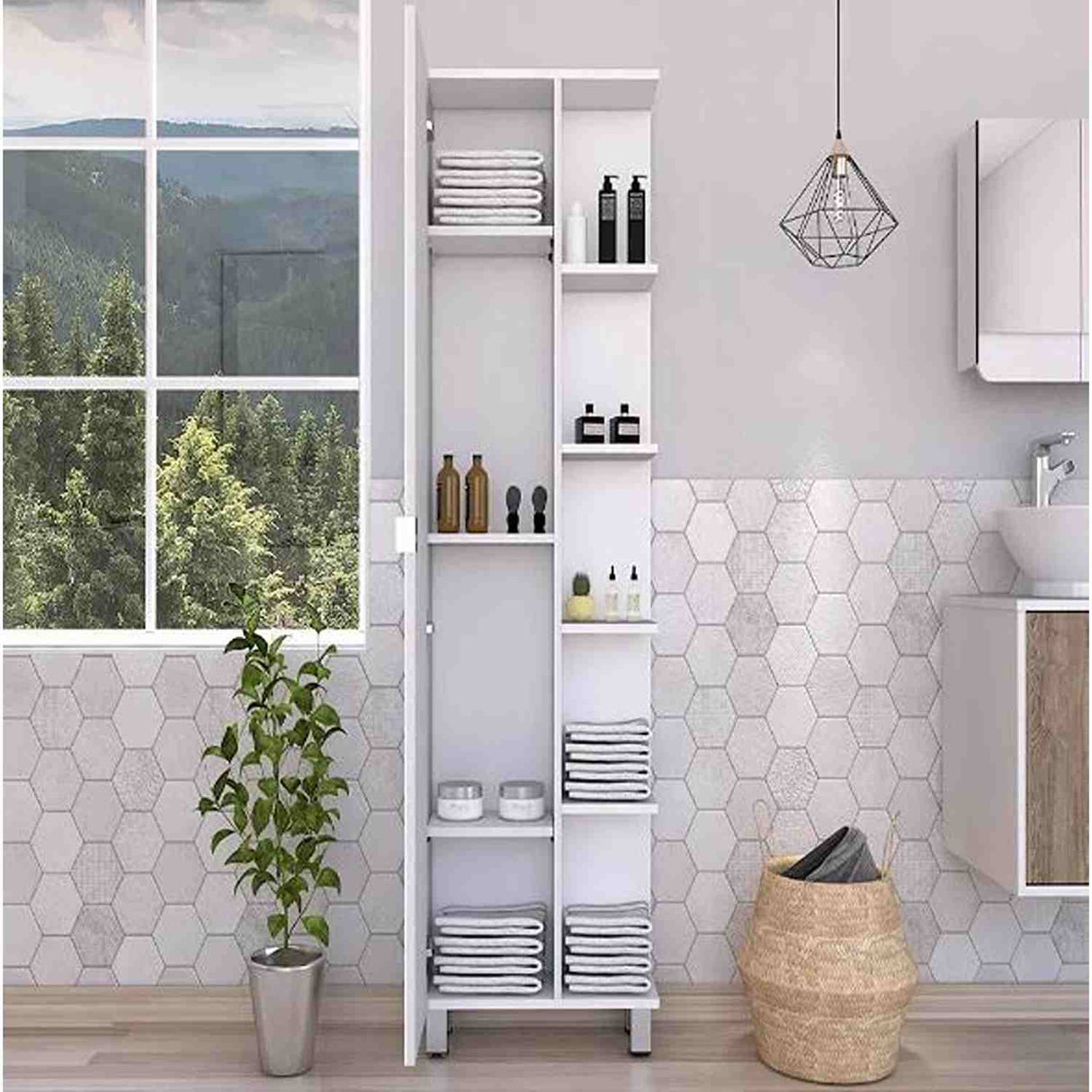 Mueble para Baño Esquinero Urano Blanco 51.2x158cm sin Cajones y con Cuatro Entrepaños - Gabinetes | Bylmo