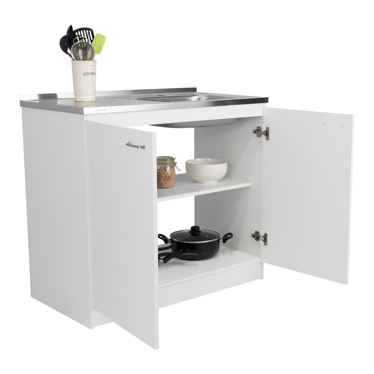 Mueble Inferior Napoles Blanco 100x90cm con Mesón de Acero Inoxidable y con Pozuelo Lado Derecho - Cocinas | Bylmo